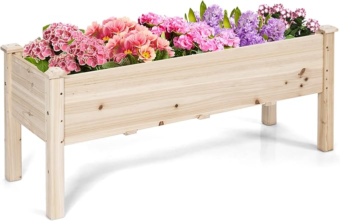 HAPPYGRILL Raised Garden Bed, Wood Planter Box with Legs, 5 Drainage Holes, Elevated Garden Bed for Vegetables Flowers, Outdoor Plant Container for Yard Garden