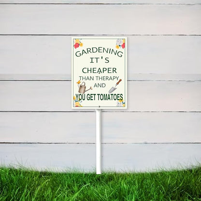 Garden Sign With Stake Gardening It's Cheaper Than Therapy Aluminium Sign 8X12 Inch Wildflower Sign Garden Decor Fence Yard Outdoor Gifts For Women Plant Lover And 12.8" Stake Kit