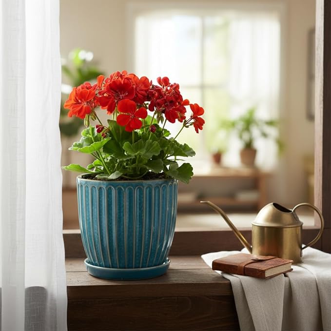 5 + 6 Inch Glaze Blue Ceramic Plant Pots with Drain Hole & Saucer, Flower Pots for Indoor/Outdoor Plants - Succulent, Snake Plant, Money Tree, Aloe Vera, Basil Planter