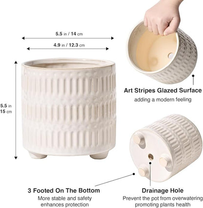 5 Inch Ceramic Planters for Indoor Plants, White Cactus Snake Plant Pots with Drainage, Unique Design Round Flower Pot for Home Decoration