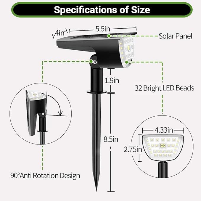 Claoner 32 LED Outdoor Solar Spot Lights, IP65 Waterproof Solar Landscape Spotlights, 3 Modes Outdoor Solar Lights, Solar Powered Spot Lights Outdoor for Yard Garden Patio - Cold White/4 Pack