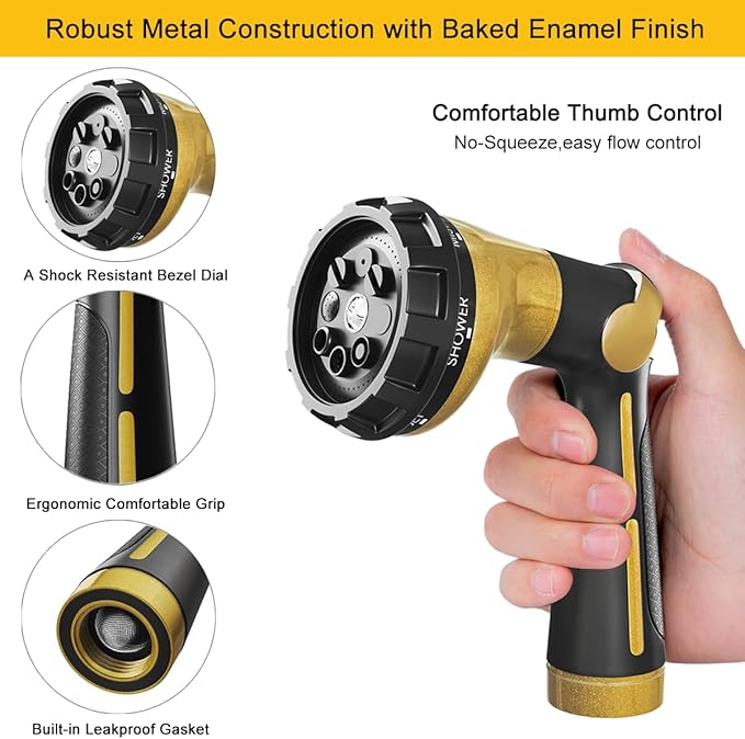 FANHAO Garden Hose Nozzle Heavy Duty, 100% Metal Water Hose Sprayer with 8 Spray Patterns, High Pressure Spray Nozzle Thumb Control On Off Valve for Outdoor Lawn & Plant Watering, Car & Pet Washing