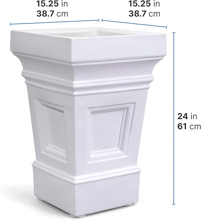 Step2 Atherton Square Planter, Large Planters for Outdoor Plants, Gardening and Flower Pot for Patio or Porch, Efficient Drainage, Durable Plastic, White, 2-Pack
