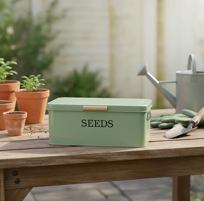 Seed Storage Organizer,Metal Seed Saving Box with Lid,4 Compartments Box with Safety Locks,Garden Supplies Container with 20 Plant Labels 50 Saving Envelopes 2 Marker Pens,Green