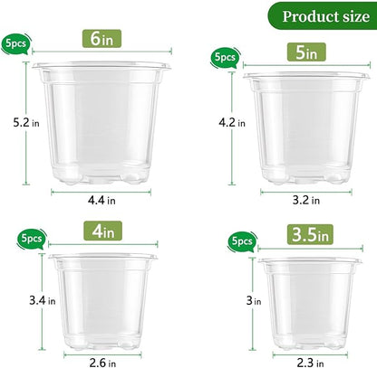 SupKing 20 Pack Clear Nursery Pots 6/5/4/3.5 Inch Plastic Seed Starter Large Small Plant Flower Pot with Drainage Holes for repotting Transplanting Succulents Cuttings Seedlings 15 Labels