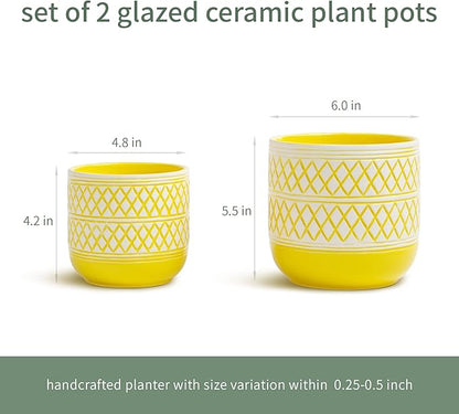 Decorative Ceramic Flower Pots Set of 2 – 6 & 4.7 Inch Indoor Plant Pots, Boho Decorative Pots for Plants, Orchid & Succulent Planters with Drainage