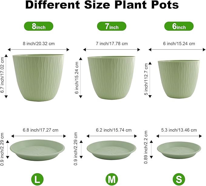 8/7/6 inch Plant Pots, 3 Pack Flower Pots for Outdoor Indoor Garden Plants, Large Planters with Multi Mesh Drainage Holes and Saucer (Green, 8"+7"+6")