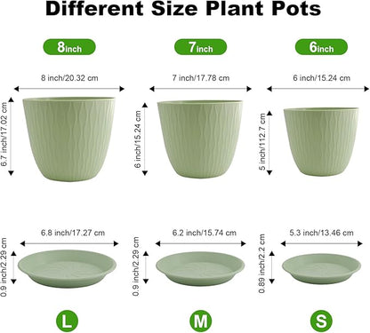 8/7/6 inch Plant Pots, 3 Pack Flower Pots for Outdoor Indoor Garden Plants, Large Planters with Multi Mesh Drainage Holes and Saucer (Green, 8"+7"+6")