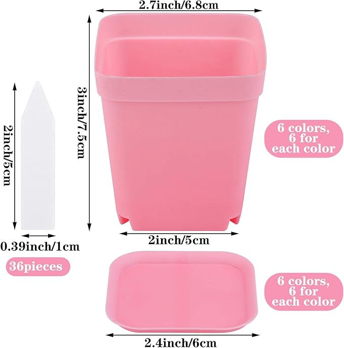 Elcoho 36 Pack 2.7 Inch Square Plants Nursery Pot Multi Color Plastic Plant Seedling Pots Flower Pots Nursery Transplanting Planter Container with Saucer for Your Room, Garden Office and Balcony Decor