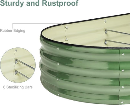 Galvanized Steel Raised Garden Bed 8x2ft Oval - 17" Tall 9-in-1 Modular Planter Box for Vegetables/Flowers, Rust-Proof Metal Outdoor Planters Rubber Edging (Green)