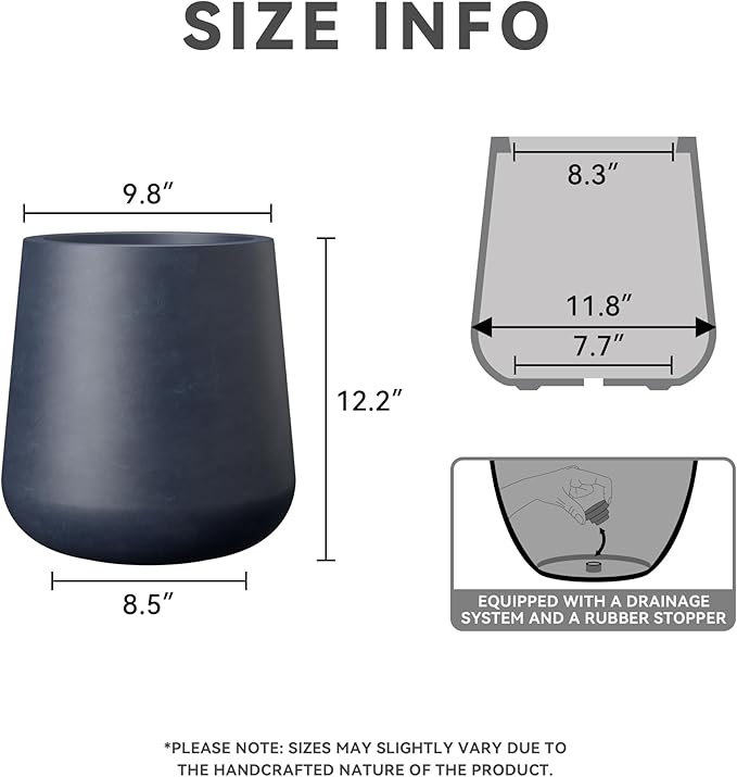 Kante 9.8-Inch Dia Round Concrete Garden Pot with Drainage Hole & Rubber Plug - Indoor/Outdoor Lagre Plant Pot for Home, Garden, Patio, Charcoal