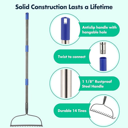 Rake, 72 Inch Garden Bow Rake with 14 Tines, Heavy Duty Stainless Steel Raking Tool for Gardening Landscaping Loosening Soil Leveling Mulching Gravel Gathering Leaf Lawn Care