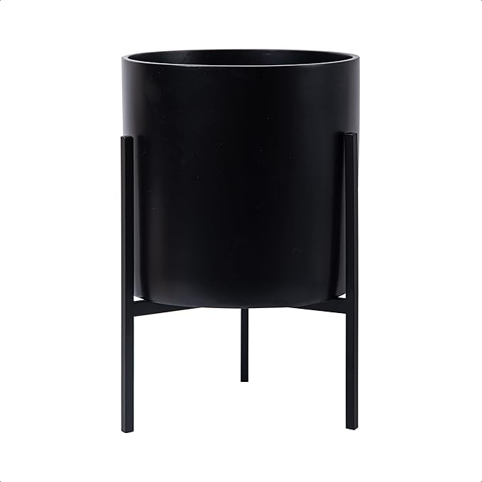 D'vine Dev Mid Century Fiberglass Resin Planter Pot with Iron Stand, 10 inch, Matte Black, 96-A-2-M