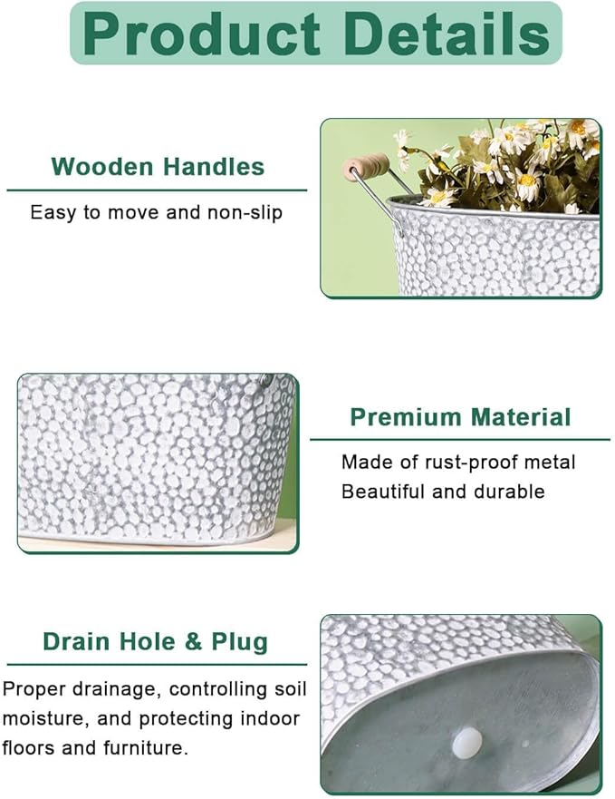 Galvanized Metal Oval Planter Buckets with Handles – Set of 3 Rustic Farmhouse Flower Tubs with Drain Holes & Plugs, Vintage Small Pots for Herbs, Succulents, Wedding or Tabletop Decor (Stone style)
