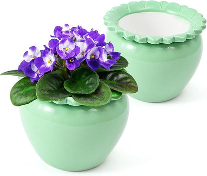 2pcs African Violet Planter Pot - 6.5inch Self Watering Green Ceramic Pot with Creamic Reservoir