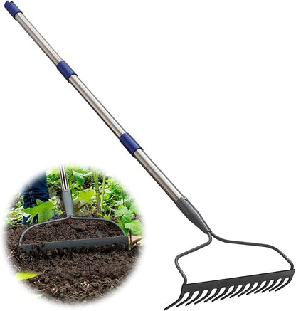 Rake, 72 Inch Garden Bow Rake with 14 Tines, Heavy Duty Stainless Steel Raking Tool for Gardening Landscaping Loosening Soil Leveling Mulching Gravel Gathering Leaf Lawn Care