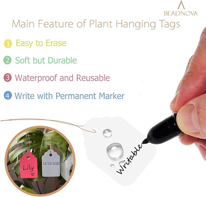 BEADNOVA Plant Hanging Tags 100pcs Tags with String Reusable Plant Labels Markers Plastic Garden Signs Garden Markers for Outdoor (2 Inch, White)