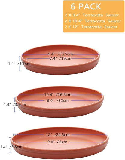 SAROSORA Round Plastic Plant Saucer Drip Tray 12" Set of 6 for Indoor Outdoor Home Garden Flower Plant Container Flower Pot Pallets ((9.4''+10.4"+12'') x2, Terracotta)