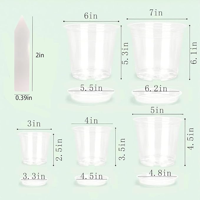 25 Packs 3/4/5/6/7 Inch Clear Nursery Pots, Nursery Pots with Drainage and Saucers, Clear Plastic Plant Pots, Flower Pots for Plants for Flowers, Succulents (with 25 Plant Labels)