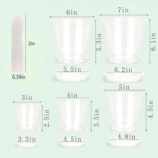 25 Packs 3/4/5/6/7 Inch Clear Nursery Pots, Nursery Pots with Drainage and Saucers, Clear Plastic Plant Pots, Flower Pots for Plants for Flowers, Succulents (with 25 Plant Labels)