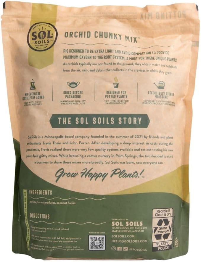 Sol Soils Chunky Orchid Potting Mix - 100% Peat-Free, Lightweight, and Aerated with Coconut Husk, Perlite & Recycled Forest Products for Fast Draining, Healthy Orchids - 1 Gallon
