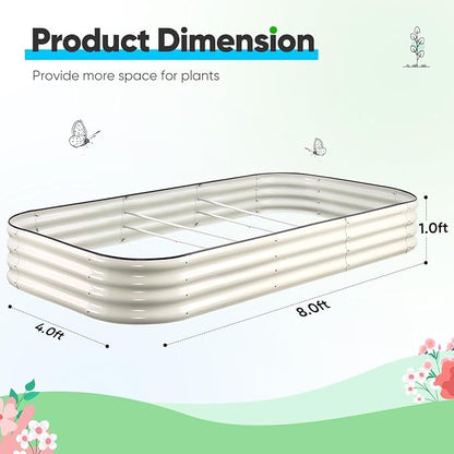 Quictent Galvanized Raised Garden Bed Kit, 8x4x1 ft Oval Metal Planter Box for Vegetables, Strengthened by Crossbar, Beige