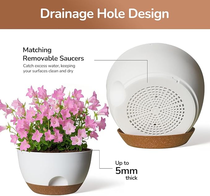 12 Inch Large Self Watering Pots, 2 Pack Plant Pots with Drainage Holes and Saucers, Self Watering Planter for Indoor Outdoor Garden Plants and Flowers (White)