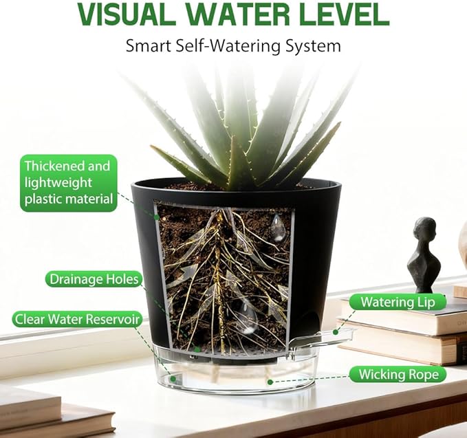 Self Watering Pots for Plants, 2026 New Flower Plant Pots with Drainage Holes, Wicking and Clear Reservoirs for Succulent, Aloe, Cacti and Others - 6 Pack (Black, 5")