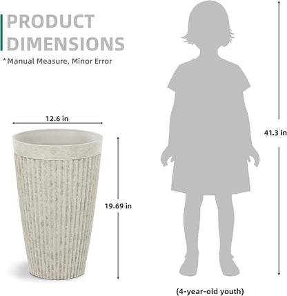 20" Resin Tall Planters for Outdoor Plants,Set of 2 Vintage Ivory Large Flower Pots with Handmade Fluted Texture,Heavy-Duty and Weather-Resistant for Porch Christmas Decor,Garden, Patio