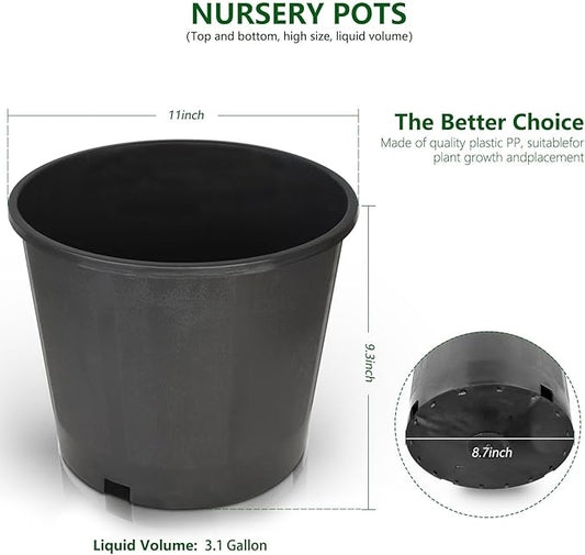 10-Pack 3.1 Gallon Round Planter Nursery Pots, Flower Plant Container Injection Molded Plastic Nursery Pots Gardening Pots for Indoor Outdoor Vegetables, Succulents, Black