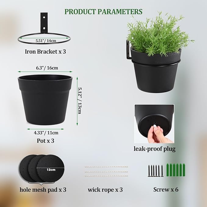 3 Pack Wall Hanging Planters Indoor Outdoor 6.3 Inch Self-Watering Flower Pots with Leak-Proof Drainage Iron Brackets Hanging Basket Room Garden Decor(Black)