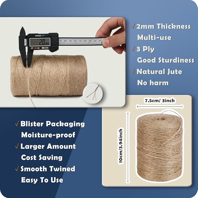 PerkHomy 800 Feet Natural Jute Twine Long Twine String for Crafts Gift Wrapping Packing Gardening Crochet Knitting Macrame Decor (800 FT * 2mm (3Ply))