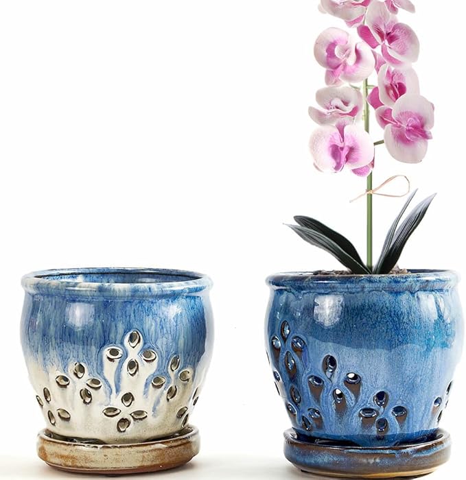 Orchid Pots with Holes Attached Saucers 4.6 Inches - 2 Pcs Small Ceramic Pots for Repotting, Decorative Ceramic Orchid Planter with Hole for Healthy Root Growth Blue Purple