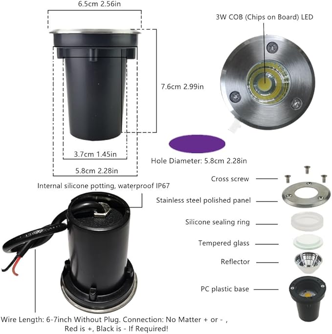 6 Pack 3W Blue LED Well In Ground Landscape Lights IP67 Waterproof for Outdoor Lighting, Garden, Yard, Patio, Driveway, Deck, Step, Pathway, Low Voltage 12V 24V DC AC
