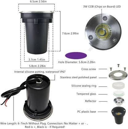 6 Pack 3W Cool White LED Well In Ground Landscape Lights IP67 Waterproof for Outdoor Lighting, Garden, Yard, Patio, Driveway, Deck, Step, Pathway, Low Voltage 12V 24V DC AC