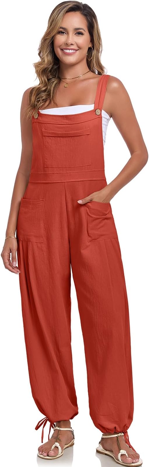 ALSOGO Womens Wide Leg Overalls Loose Beach Vacation Outfits Jumpsuits 2025 Causal Sleeveless Rompers with Pockets