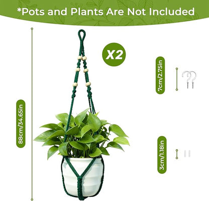 Macrame Plant Hanger,Up to 4-15 inch Pots, Wood Beads Cotton Hanging Planter Holder for Indoor Outdoor Boho Home Decor, 35 Inch, Ivory, Set of 2 (Green)