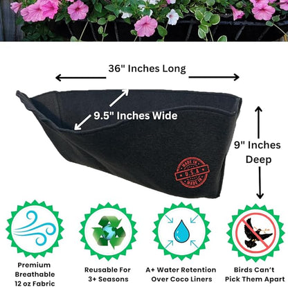 EZ Swap 36 Inch Fabric Trough Coco Liner Replacement for Window Basket Flower Planter - 36" Coconut Coco Fiber Alternative for Hayrack Planters. Use 3+ Seasons - Made in The USA! (2-Pack)
