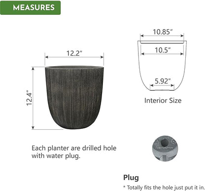 Vintage Black Cement-Look Ribbed Planter, 12.4"H Tall Tapered Egg-Shaped Plastic Plant Pot with Drainage Hole & Plug, Large Modern Indoor Outdoor Flower Pot for Home, Garden, Patio and Houseplants