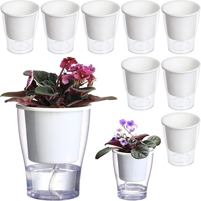 8-Pack 5.1 Inches Clear Self-Watering Planters Medium African Violet Pots Plastic Wick Flower Plant Pots for Indoor Plants, Spider Plant, Orchid Pot, Clear and White