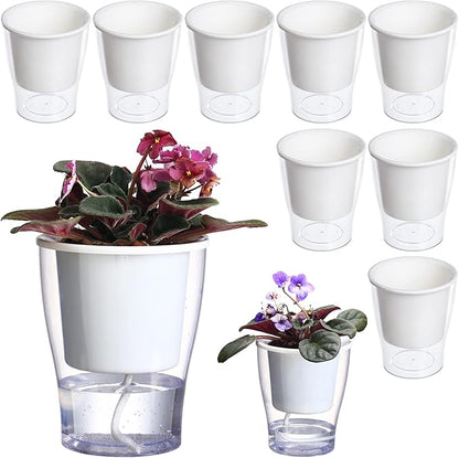 8-Pack 5.1 Inches Clear Self-Watering Planters Medium African Violet Pots Plastic Wick Flower Plant Pots for Indoor Plants, Spider Plant, Orchid Pot, Clear and White