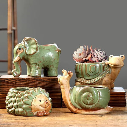 DIYOMR Small Ceramic Planter Pot, 4.3" Vintage Bronze Animal Planters Ceramic Flowerpot Succulent Pots Cactus Pot for Office Home Desktop Decor - Plants Not Included (Elephant Pot)