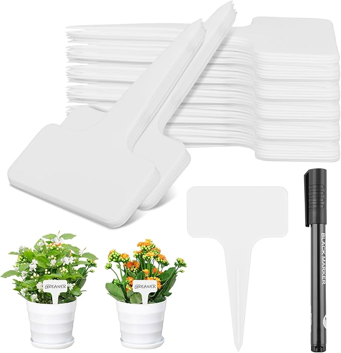 Greaner 4 Inch T-Type Plant Labels, 6x10cm White Nursery Garden Labels, Plastic Plant Tags for Outdoor Garden Waterproof, Reusable Plant Signs for Outdoor Indoor Nursery Potted with A Marker Pen