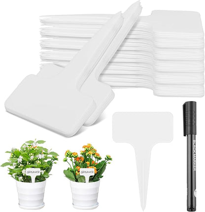 Greaner 4 Inch T-Type Plant Labels, 6x10cm White Nursery Garden Labels, Plastic Plant Tags for Outdoor Garden Waterproof, Reusable Plant Signs for Outdoor Indoor Nursery Potted with A Marker Pen