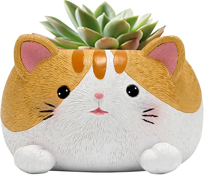 Cute Small Succulent Pots with Drainage, 10 cm Cactus Pots Cute Cat Flower Pot Resin Small Planters for Succulents, Cute Planter Animal Planter Flower Pot for Flower Cactus Garden Home Office