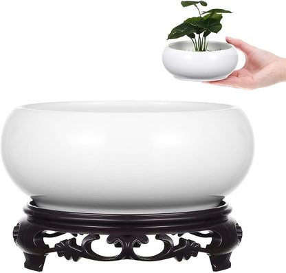 YARNOW Lotus Bowl Planter with Stand, 5.1 Inch Hydroponic Planter Bowl, Ceramic Water Lily Pot for Home Garden Office Decor