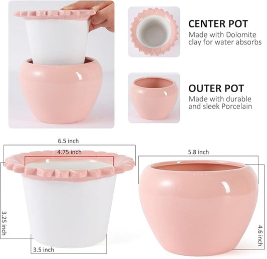 2pcs 6.5inch Design Self Watering Pot for Indoor Plants Pink Indoor Plants Herbaceous Plants Flowers White Terracotta Pots African Violet Pot for Plant Enthusiasts Orchid Planter