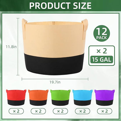 12 Pack 15 Gallon Grow Bags Colorful Fabric Plant Pots with Handles 15 Gal Garden Grow Bags Fabric Grow Pots Plant Growing Bags Vegetable Planting Bags for Garden and Outdoor (15 Gallon)