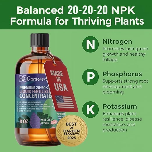 Gardenera Premium All-Purpose 20-20-20 Liquid Fertlizer - 𝐂𝐎𝐍𝐂𝐄𝐍𝐓𝐑𝐀𝐓𝐄 - Increases Flowering and Yield on All Varieties of Fruits, Vegetables and Flowers| Liquid Plant Superfood (8 OZ)