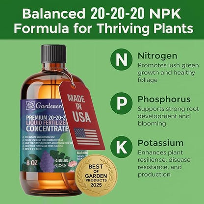 Gardenera Premium All-Purpose 20-20-20 Liquid Fertlizer - 𝐂𝐎𝐍𝐂𝐄𝐍𝐓𝐑𝐀𝐓𝐄 - Increases Flowering and Yield on All Varieties of Fruits, Vegetables and Flowers| Liquid Plant Superfood (8 OZ)